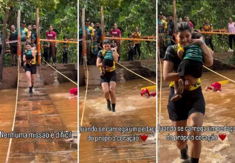 Mãe viraliza ao atravessar ponte com filha durante corrida