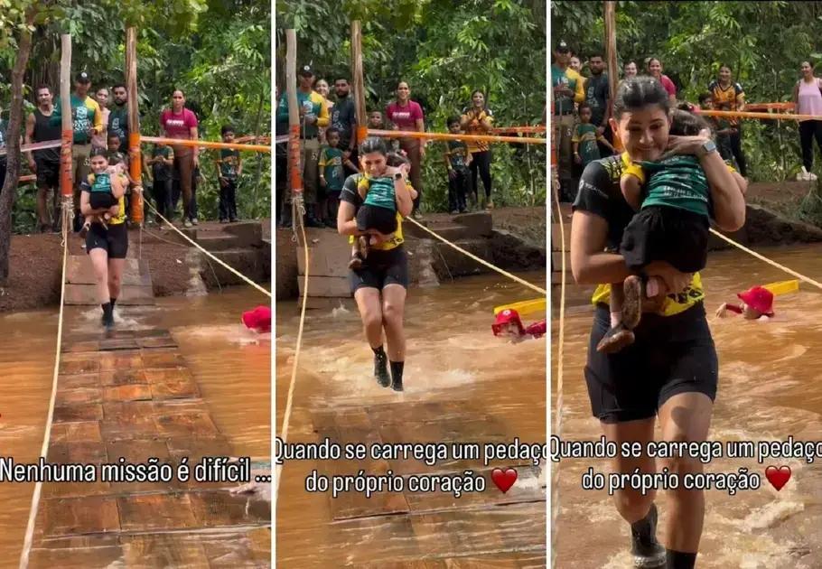 Mãe viraliza ao atravessar ponte com filha durante corrida